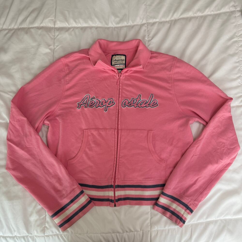 Aeropostale Varsity Athletics Track Jacket Womens XL Pink Full Zip Striped